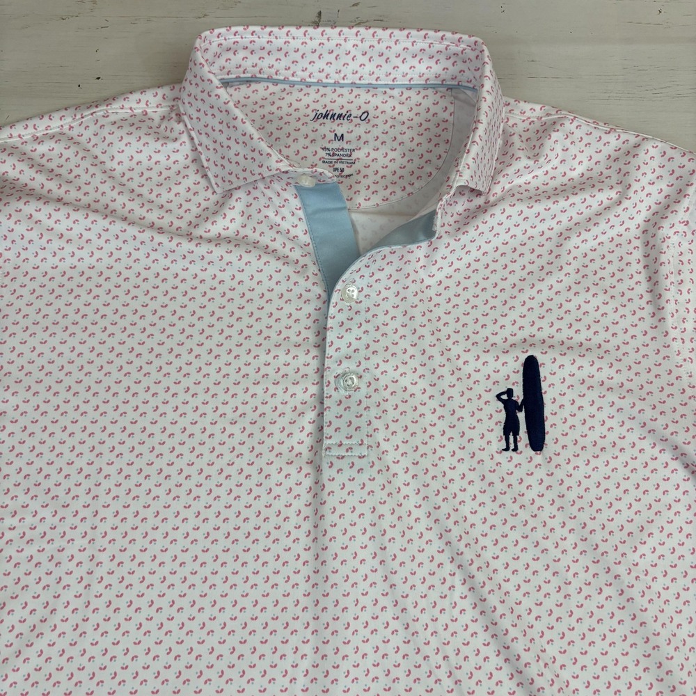 Johnnie-O Polo Shirt Mens M White Hibiscus Keaton Print UPF 50 Stretch Golf